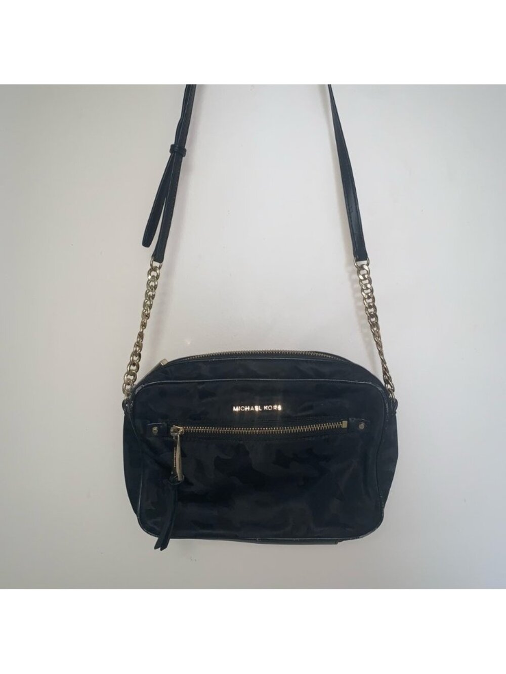 Michael Kors Black and Gold Camo Crossbody Bag